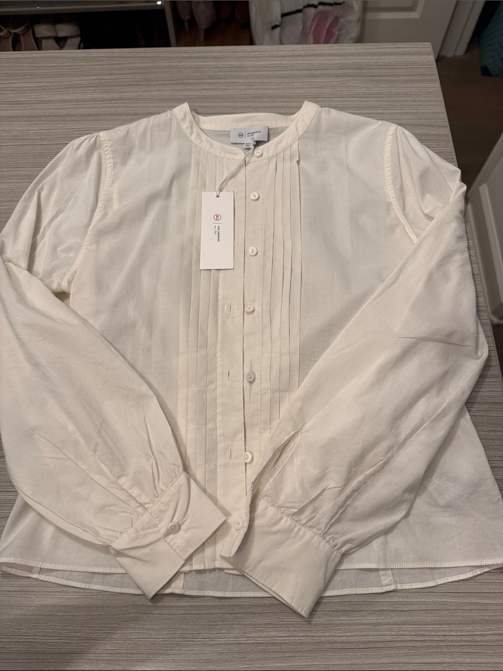Ag Adriano Goldschmied Cream Pleated Pintuck Button-Front Blouse